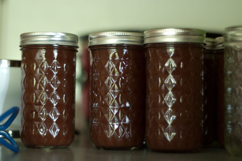 Finished jars of apple butter. 