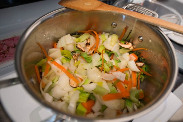 Here's the veggies that we cooked down into stock. The last time we made this stock, we didn't add the mushrooms. Those really added a lot of flavor. 