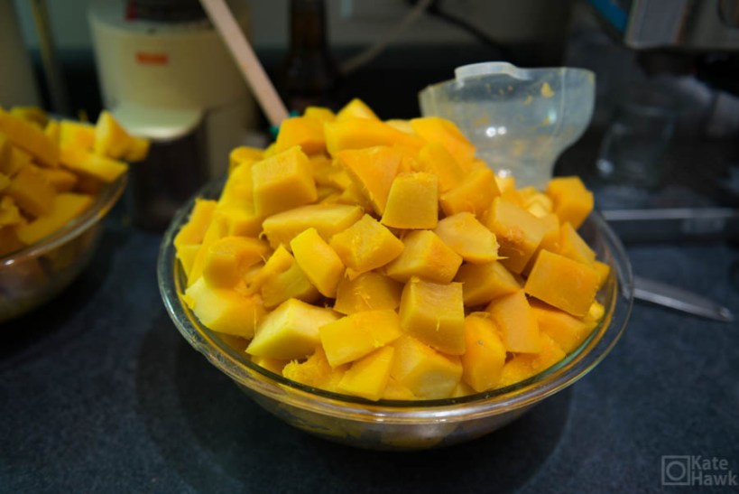 The pumpkin after it was steamed and cubed.