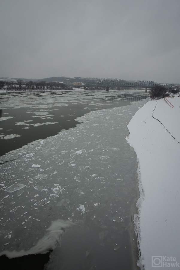 The Ohio River facing west off the Roebling Bridge.