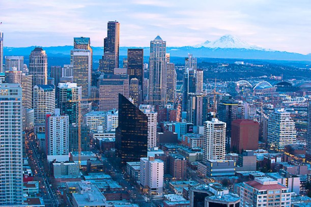 Downtown with a good view of Mt. Rainier.